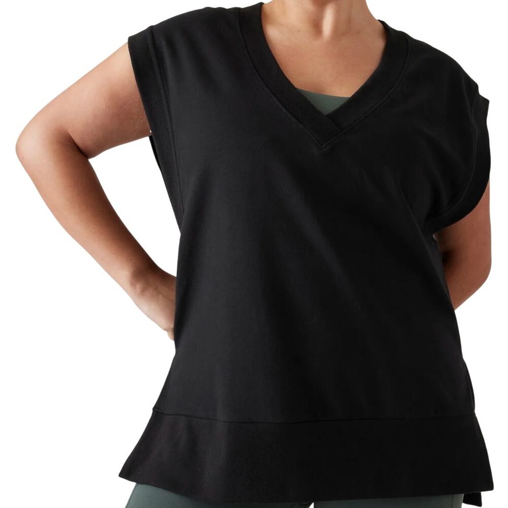 Athleta Retroterry V Neck Sweatshirt Tee BCI Cotton Relaxed Black Medium